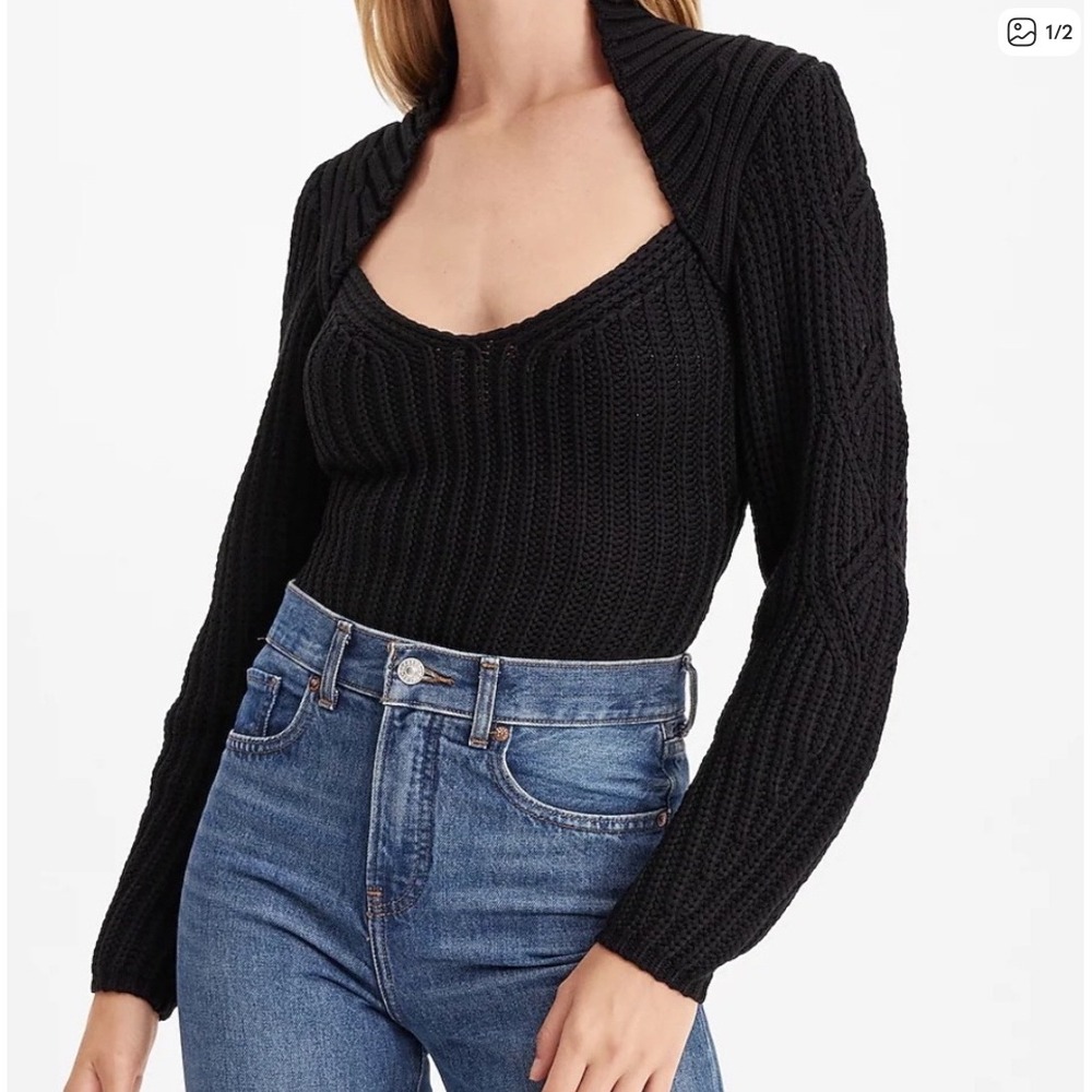 Express Shrug Sweater Womens XS Black Cable Knit V-Neck Pullover Ribbed 8180